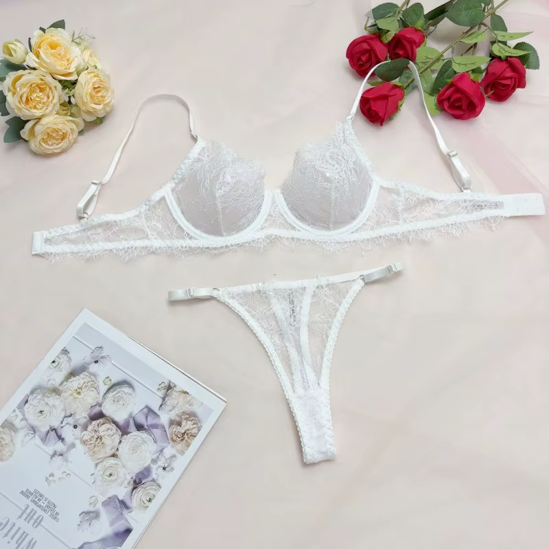 Ensemble soutien-gorge et culotte en dentelle transparente pour femmes, Lingerie basique et Sexy, ci