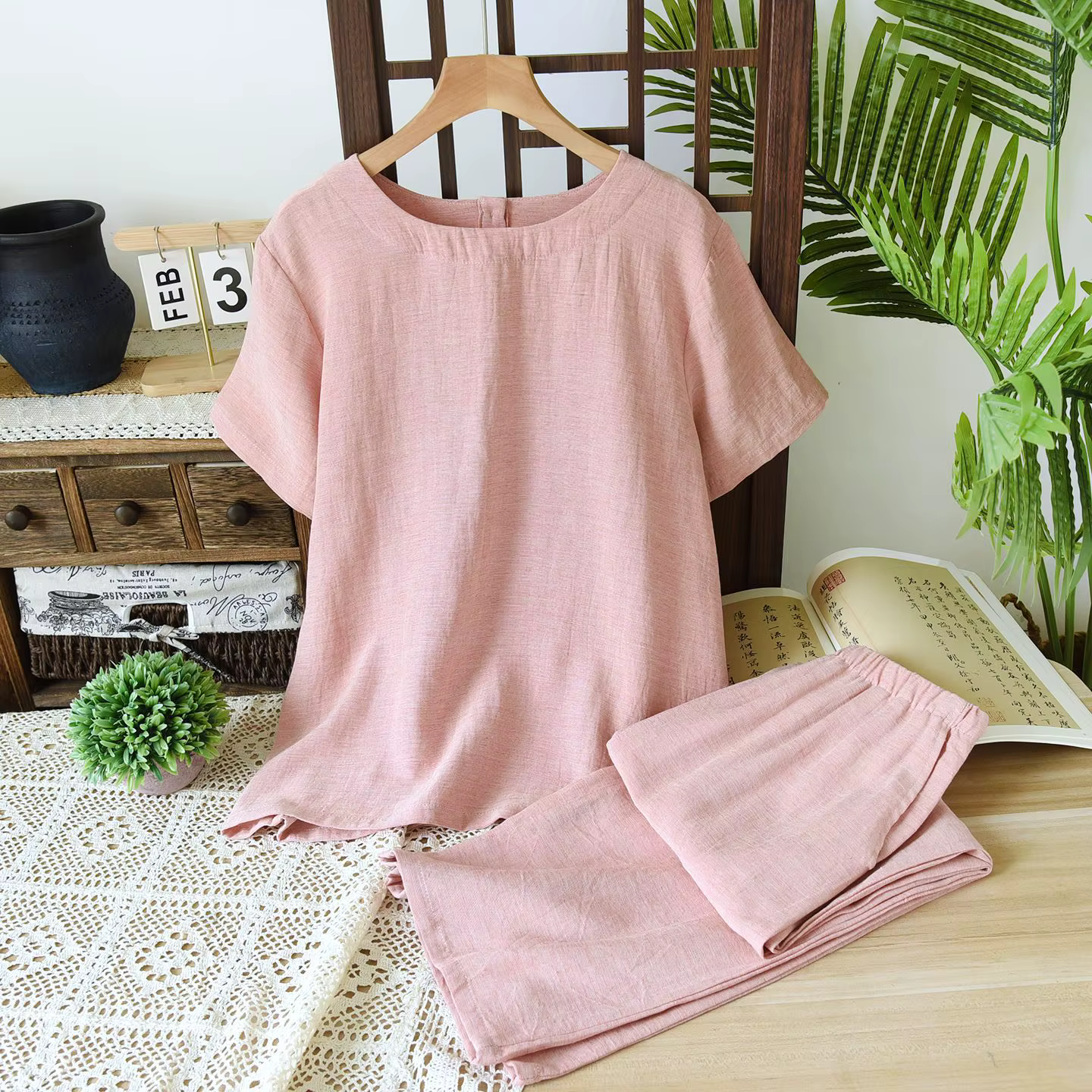 2025 Couple Tencel chanvre coton pyjamas hommes et femmes décontracté Simple et confortable à manche