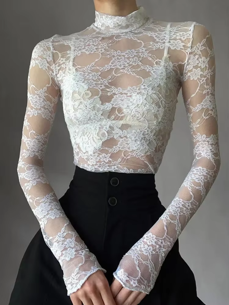 Chemisier Sexy en dentelle pour femmes, chemises d'été à col roulé, manches longues, transparent, Pa