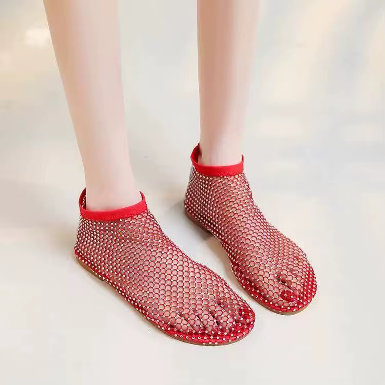 Marque de luxe femmes nouveau bout rond pantoufles à fond plat bottes courtes creuses diamant d'eau