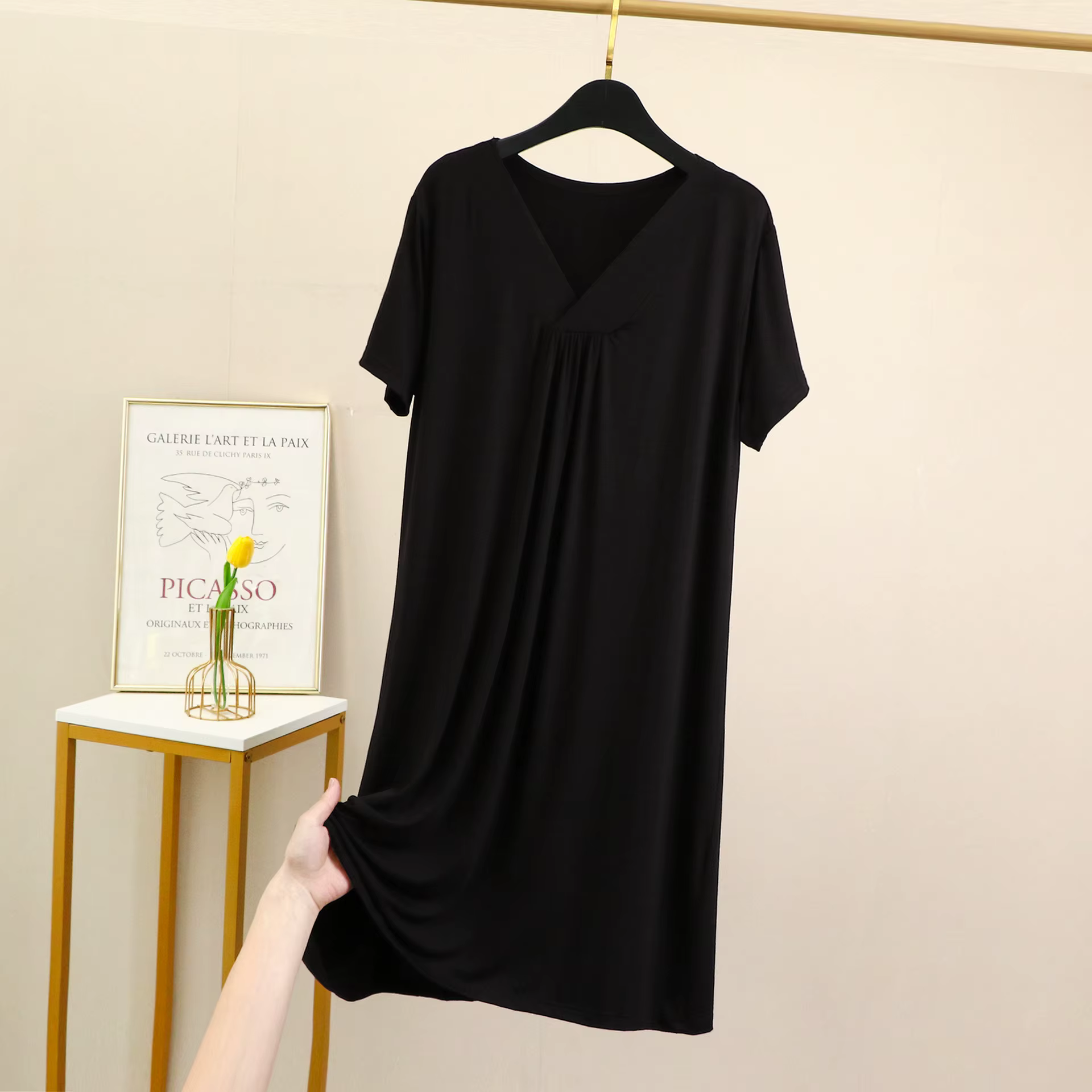 Fdfklak coréen élégant chemise de nuit pour femme col en V à manches courtes robe de nuit Modal mult