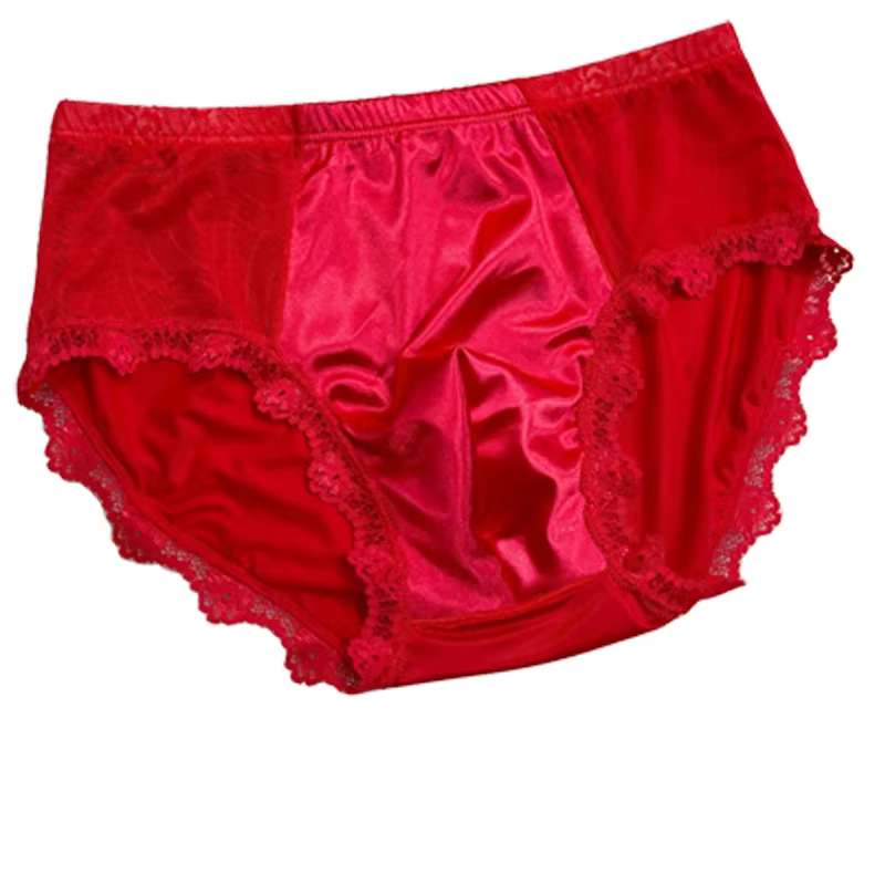 Hommes Sexy slips Sissy rouge Satin dentelle taille basse soyeux lisse culotte discothèque vêtements