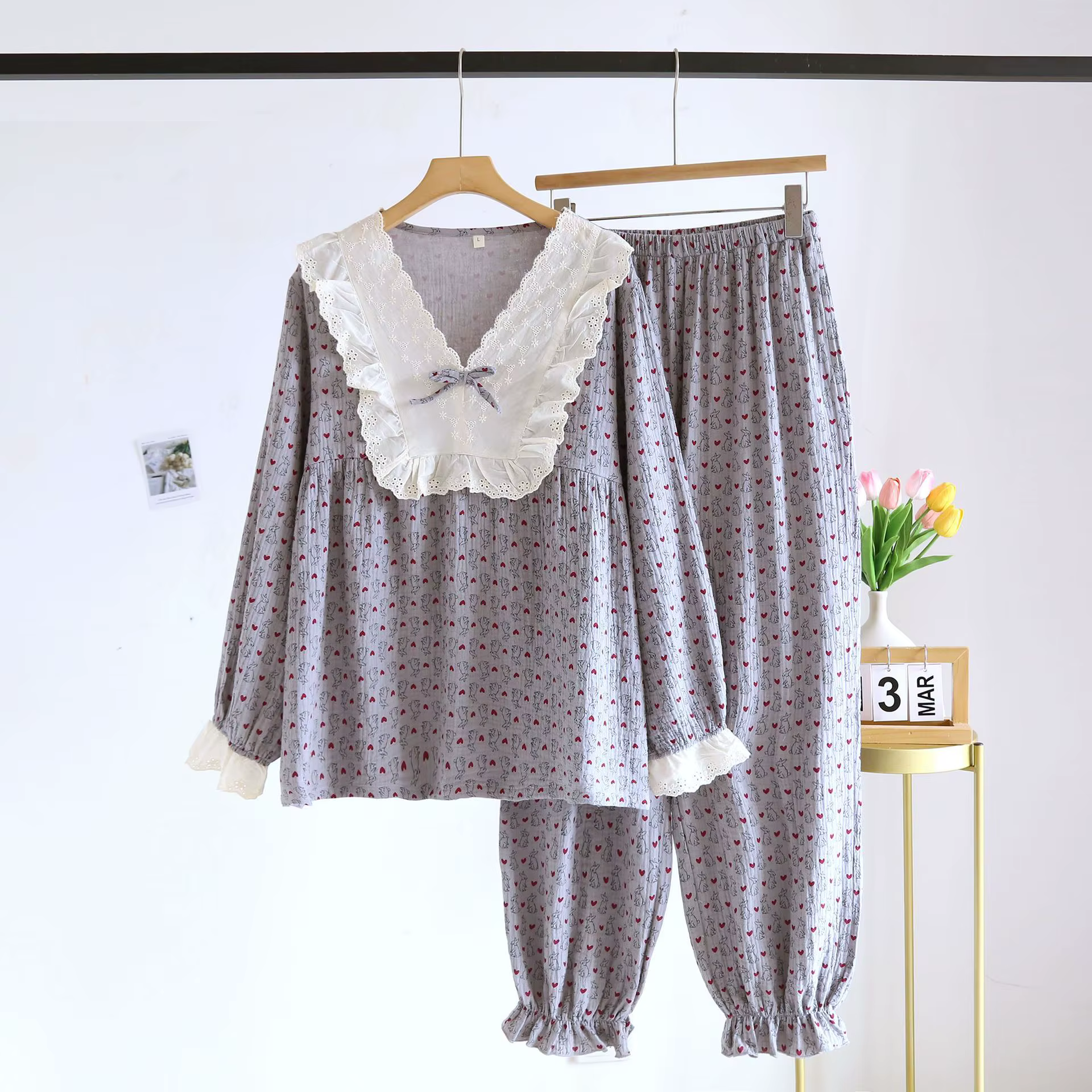 Princesse Cottagecore pyjama ensemble femmes Vintage dentelle col vêtements de nuit mignon coeur imp