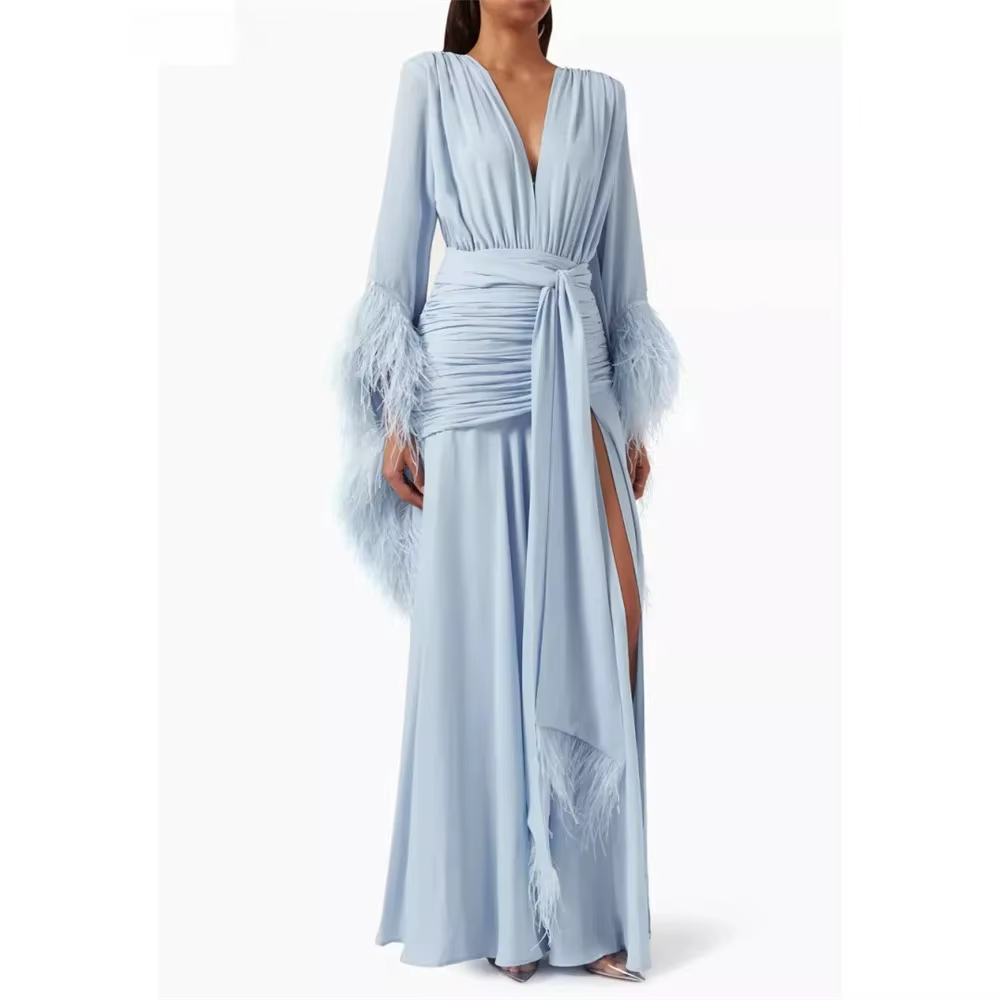 Robe de soirée bleu clair, col en v, plumes, manches longues, robes de soirée élégantes, en mousseli