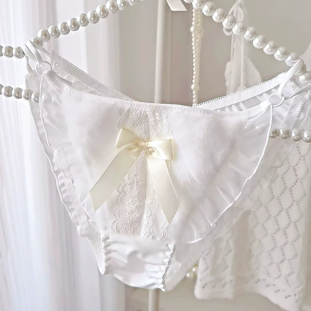 Kawayi noeud papillon culotte moelleuse taille basse dentelle à volants slips évider lingerie érotiq