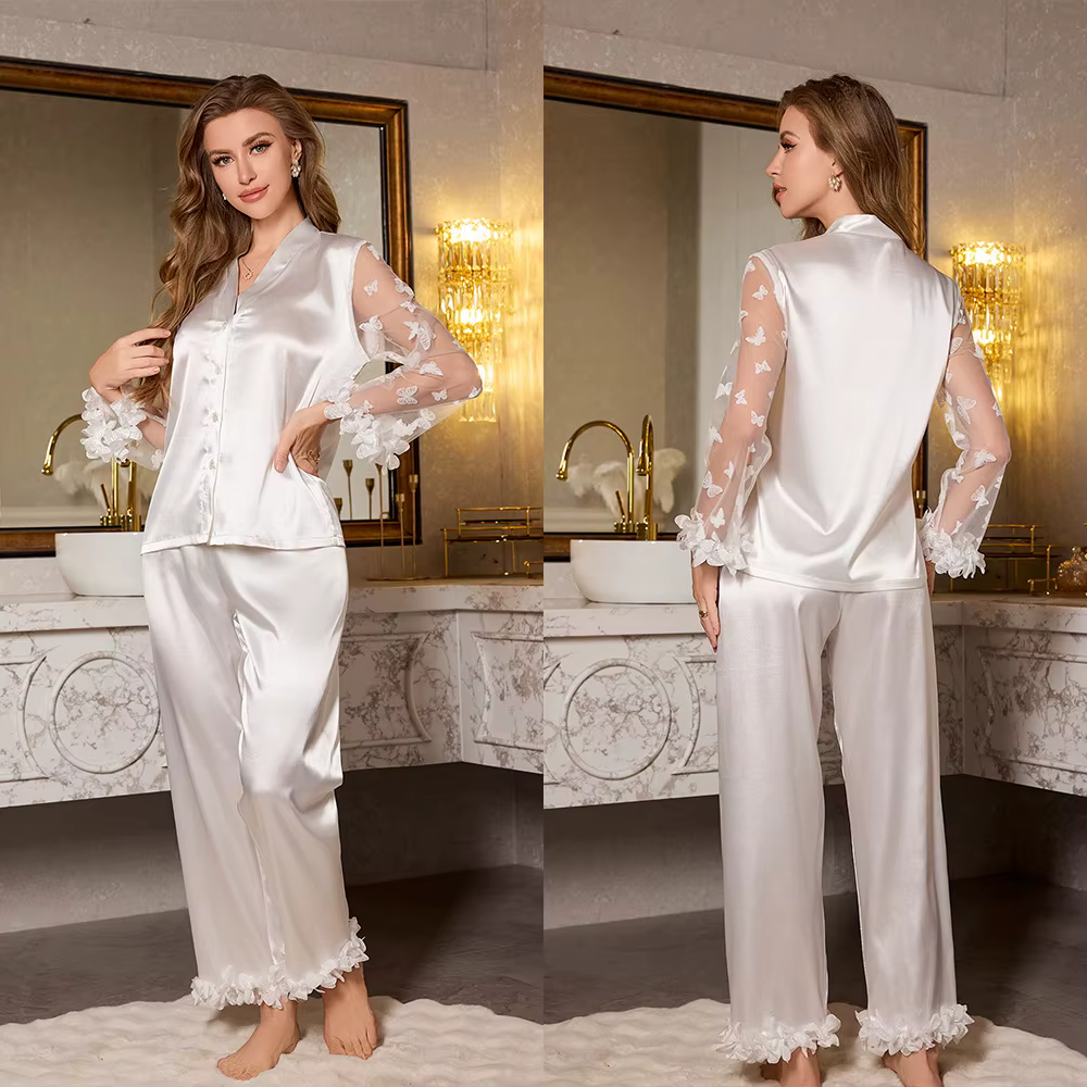 Pyjama en Satin pour femmes, broderie papillon, maille, manches longues, ensemble élégant, col en v,