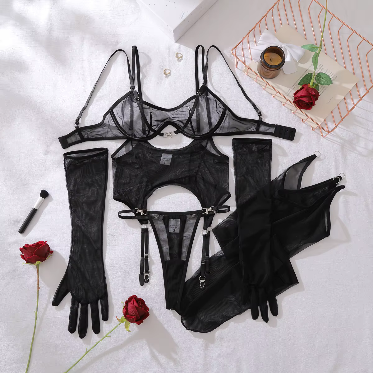 Ensemble de lingerie féminine sensuelle et sexy 5 pièces en maille transparente, sous-vêtements éthi