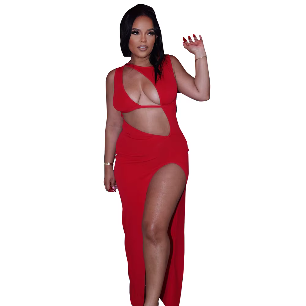 OliLikwok-Robe fendue noire unie pour femme, robes maxi évidées, mode streetwear sexy, vêtements de 