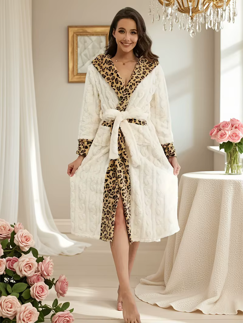 Peignoirs pyjamas pour femmes 2026 : Magnifique peignoir en flanelle à imprimé léopard avec lacets, 