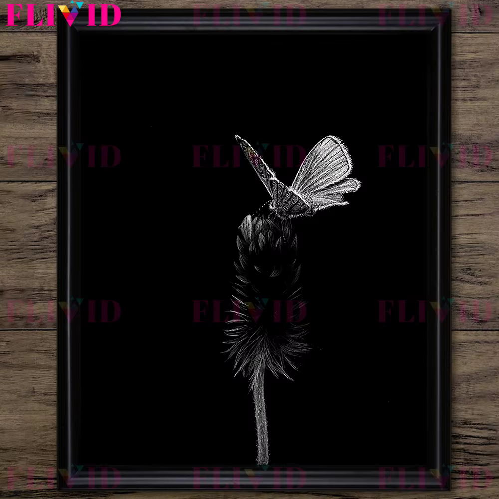 Toile d'art mural Vintage, petit papillon blanc et plante, imprimé papillon mystérieux, crayon noir-
