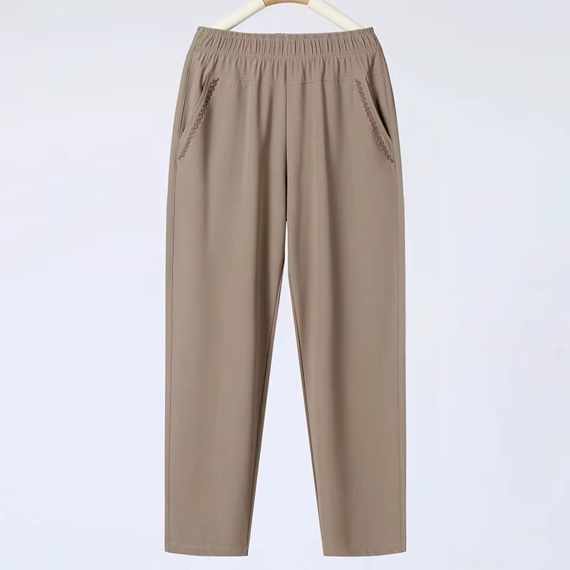 Pantalon droit ample en soie glacée pour femme d'âge mûr, taille haute élastique, fin, printemps-été