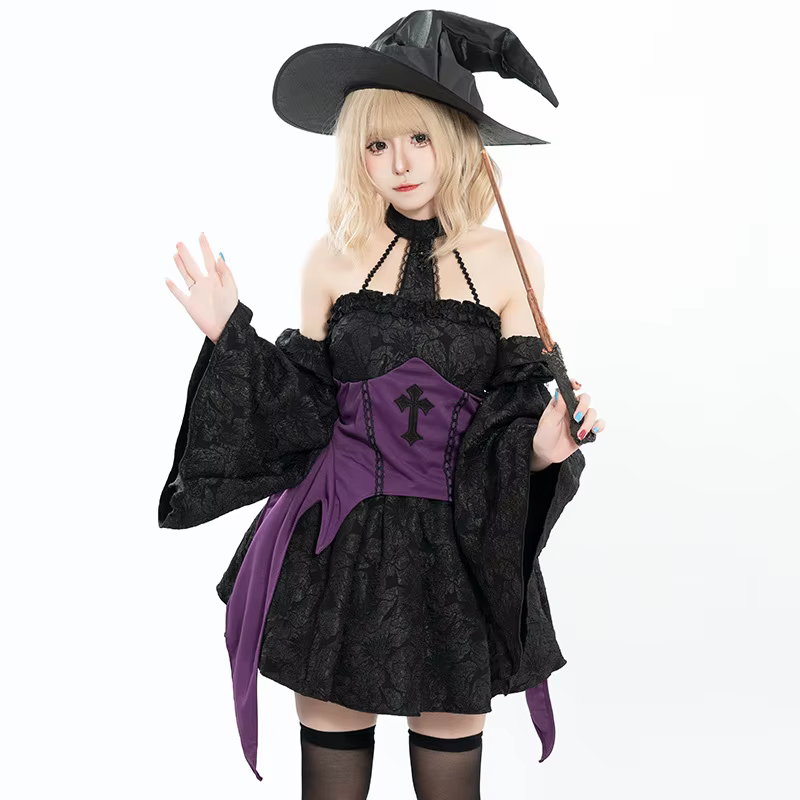 Robe de cosplay de sorcière Lolita pour filles, avec accessoire baguette magique, pour fête à thème