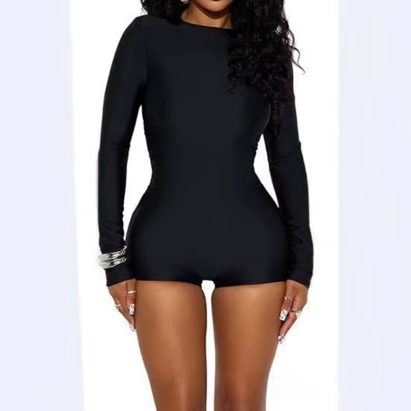 Combinaison moulante noire à manches longues pour femme, col rond, extensible, coupe ajustée, tenue