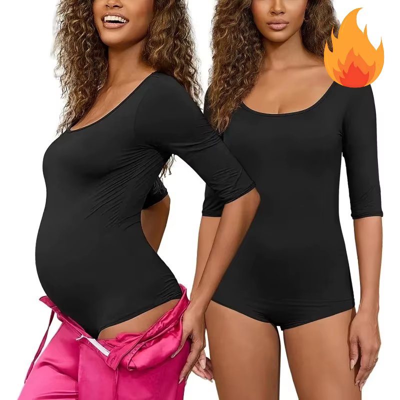 Body de maternité tendance pour sortir - Manches 3/4, col rond, tissu très extensible, haut de justa
