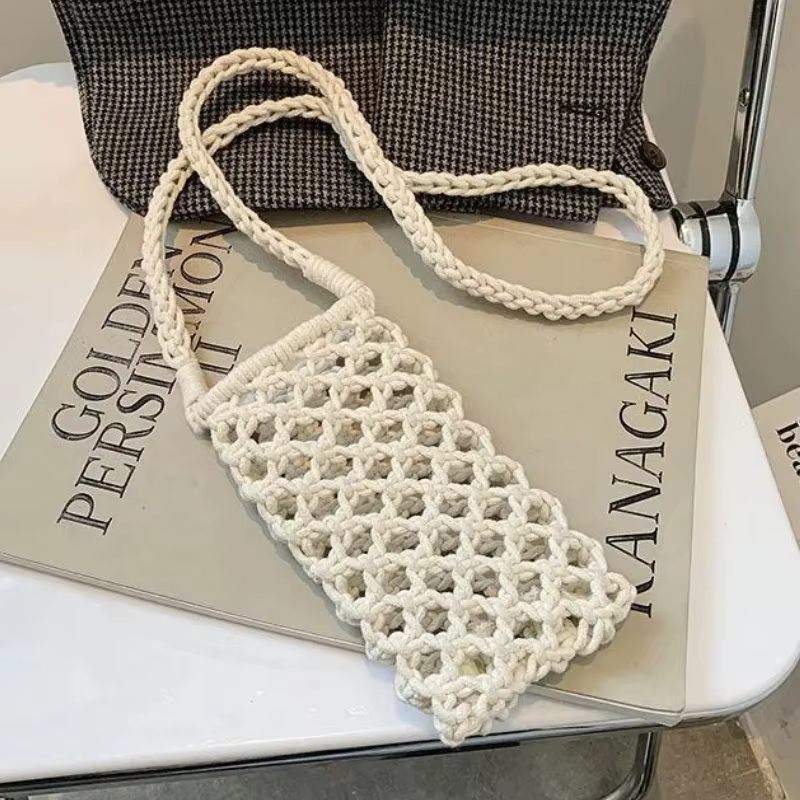 Petit sac à bandoulière pour téléphone pour femmes, couleur unie, tissé ajouré au Crochet, léger tre