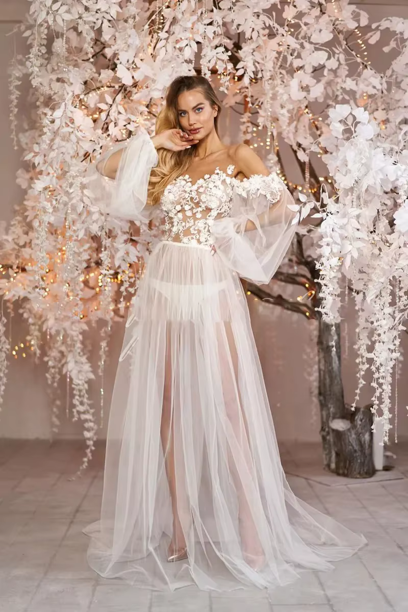 Robe de mariée personnalisée et chemise de nuit en dentelle blanche pour femme, peignoir à manches l