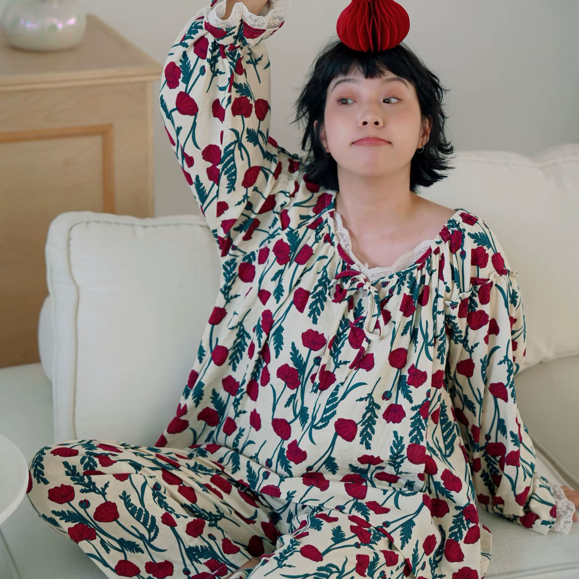 Pyjama en dentelle de qualité supérieure pour femmes, ensemble de vêtements de détente à manches lon