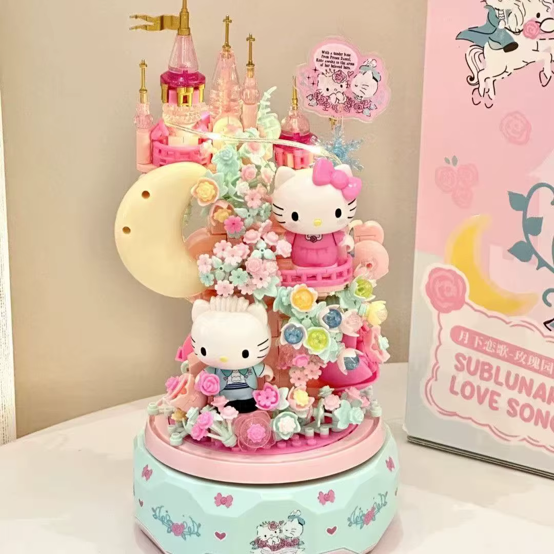 Boîte à musique Sanrio Hello Kitty Moon Love Song, Moon Society, briques DIY, ornement de bureau fai