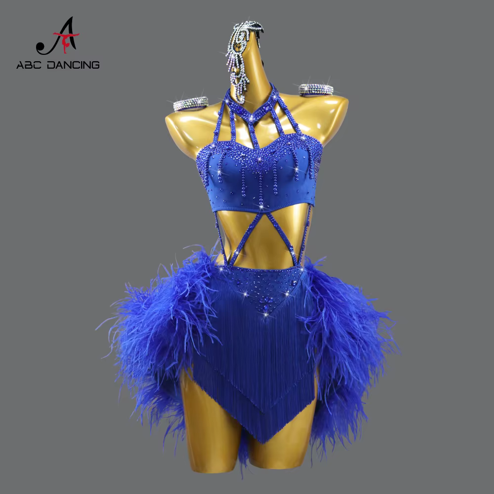 Costume de brevLatine Bleue pour Fille, Tenue de Compétition, Jupe en Plumes, Vêtements de Scène, de