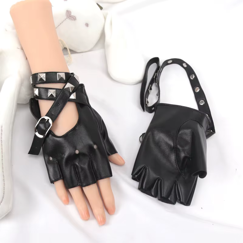 Gants sans doigts noirs en PU pour femmes, style punk gothique, avec rivets, bandages et sangles à b