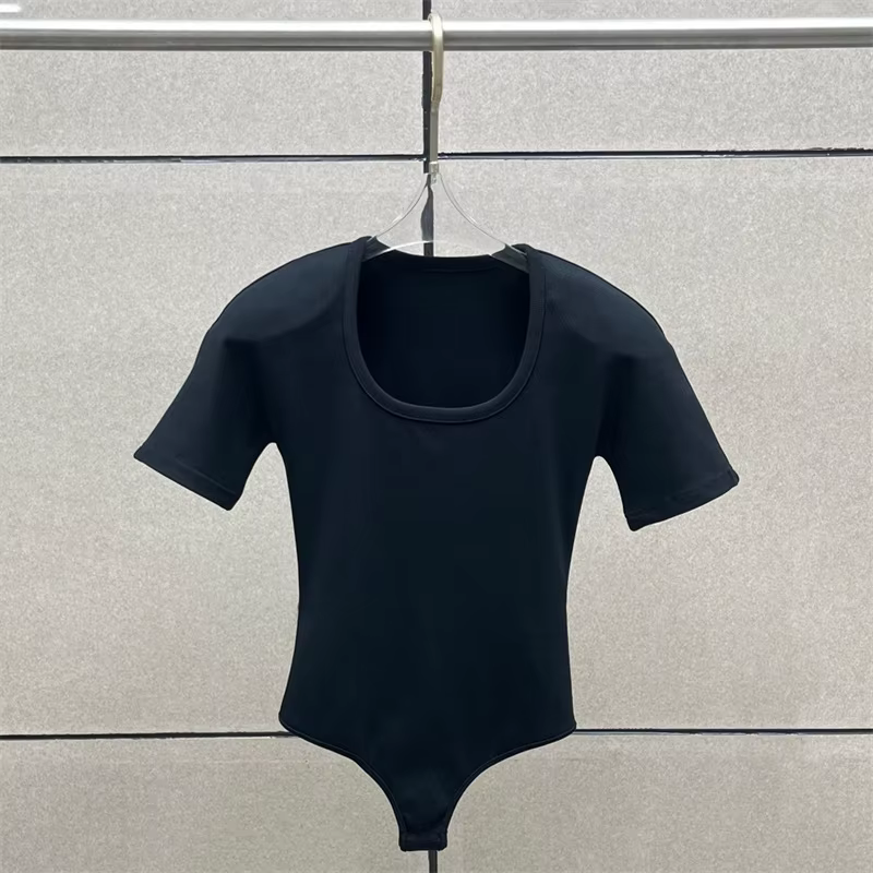 Body femme 2026 printemps nouveau élastique tricoté coupe ajustée haut à manches courtes col rond pu