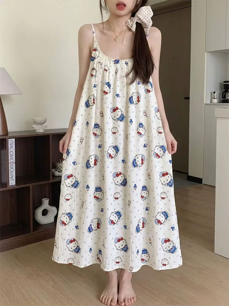 Robe de nuit mi-longue Hello Kitty pour femme avec soutien-gorge intégré, imprimé dessin animé migno