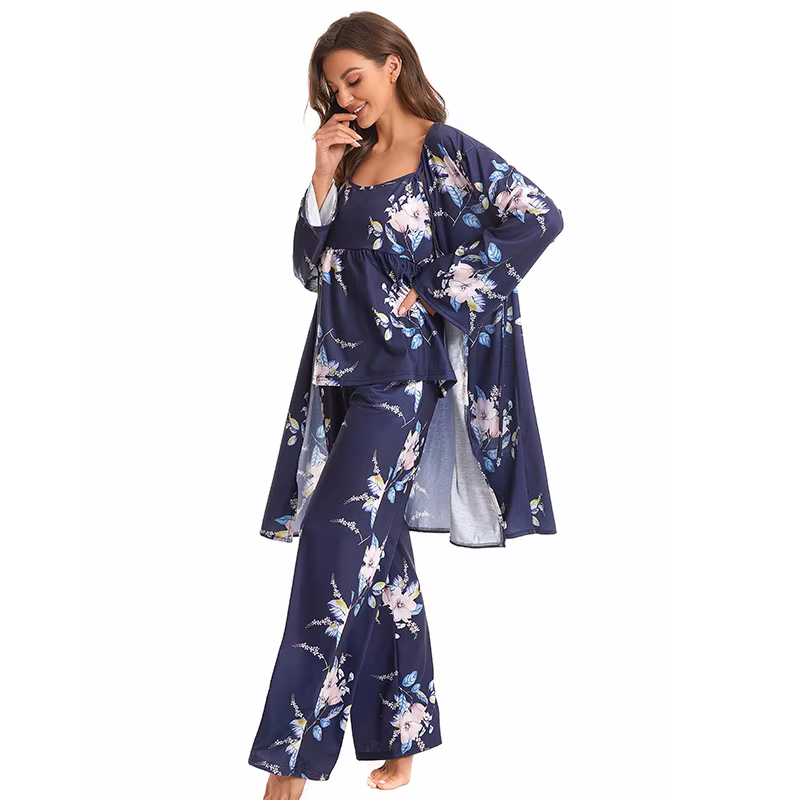 Pyjama en Coton Glacé pour Femme, Ensemble Trois Pièces, Haut à Manches sulfet Pantalon, Vêtements d
