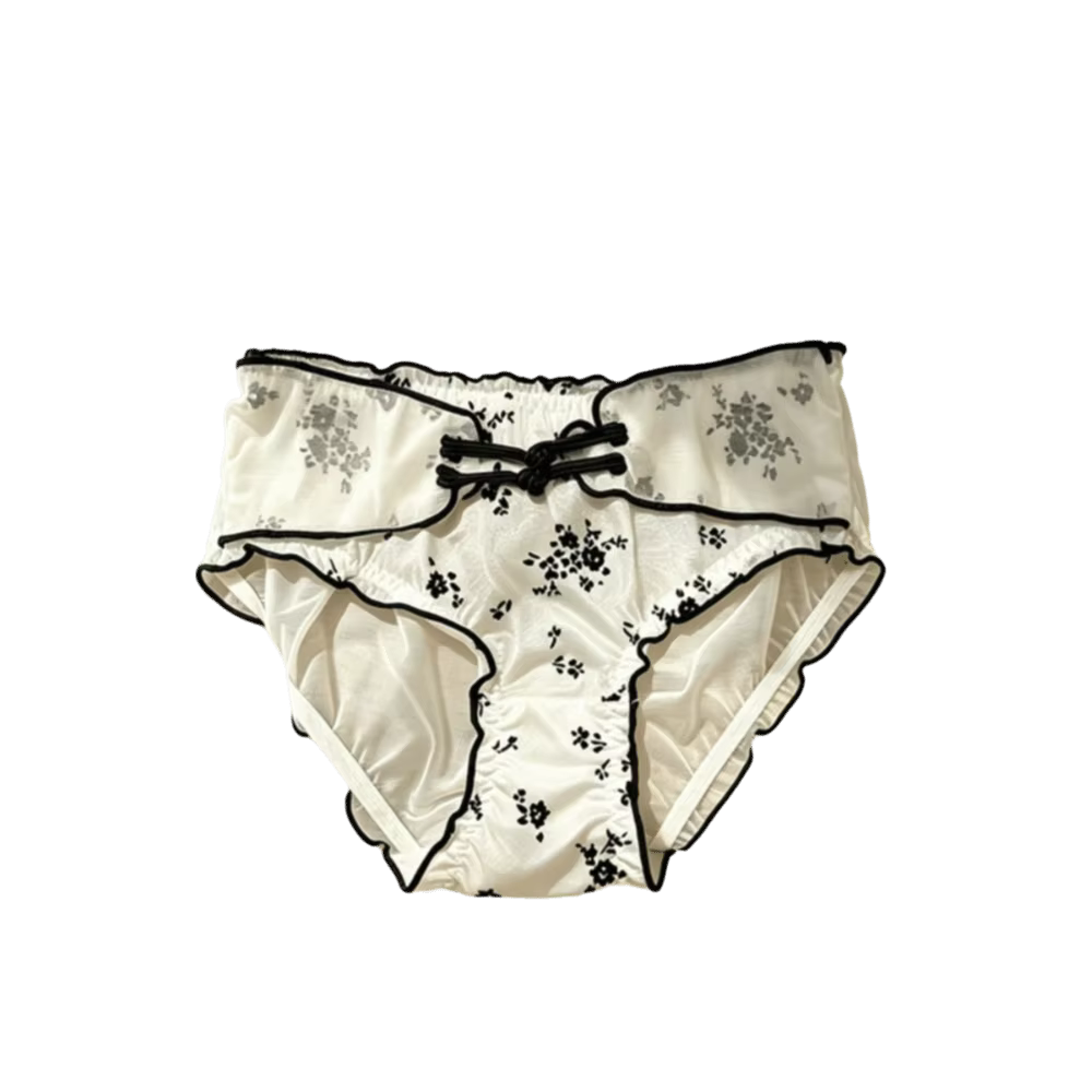 Culotte Femme Taille Basse Style Chinois à Volants et Boucles, en Maille Transparente et Soie Glacée
