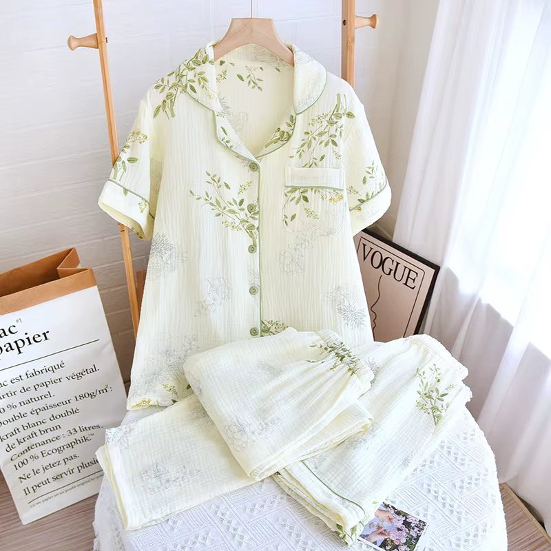 Ensemble pyjama trois pièces en crêpe de coton pur pour femme, manches courtes fines + Short + panta