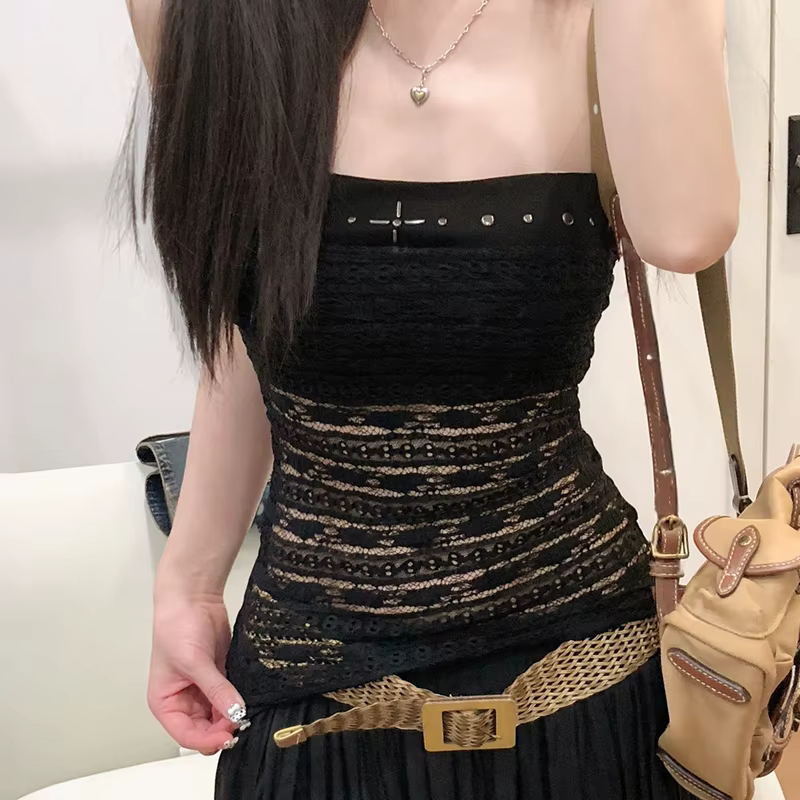 Été Y2k dentelle esthétique voir à travers le débardeur moulant sexy Cross River Tube Top