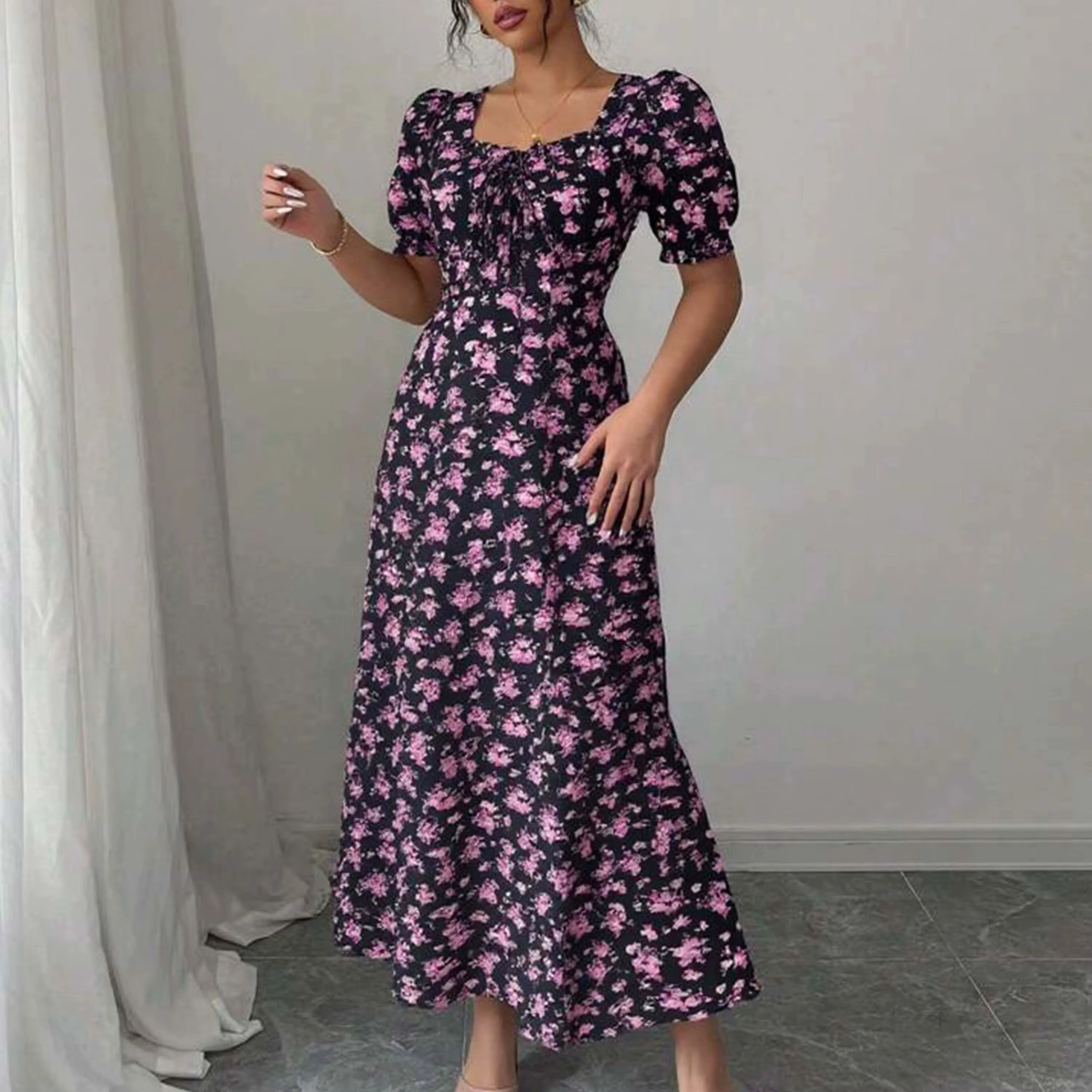 Robe longue d'été pour femmes, élégante et décontractée, à manches bouffantes, col carré, imprimé fl