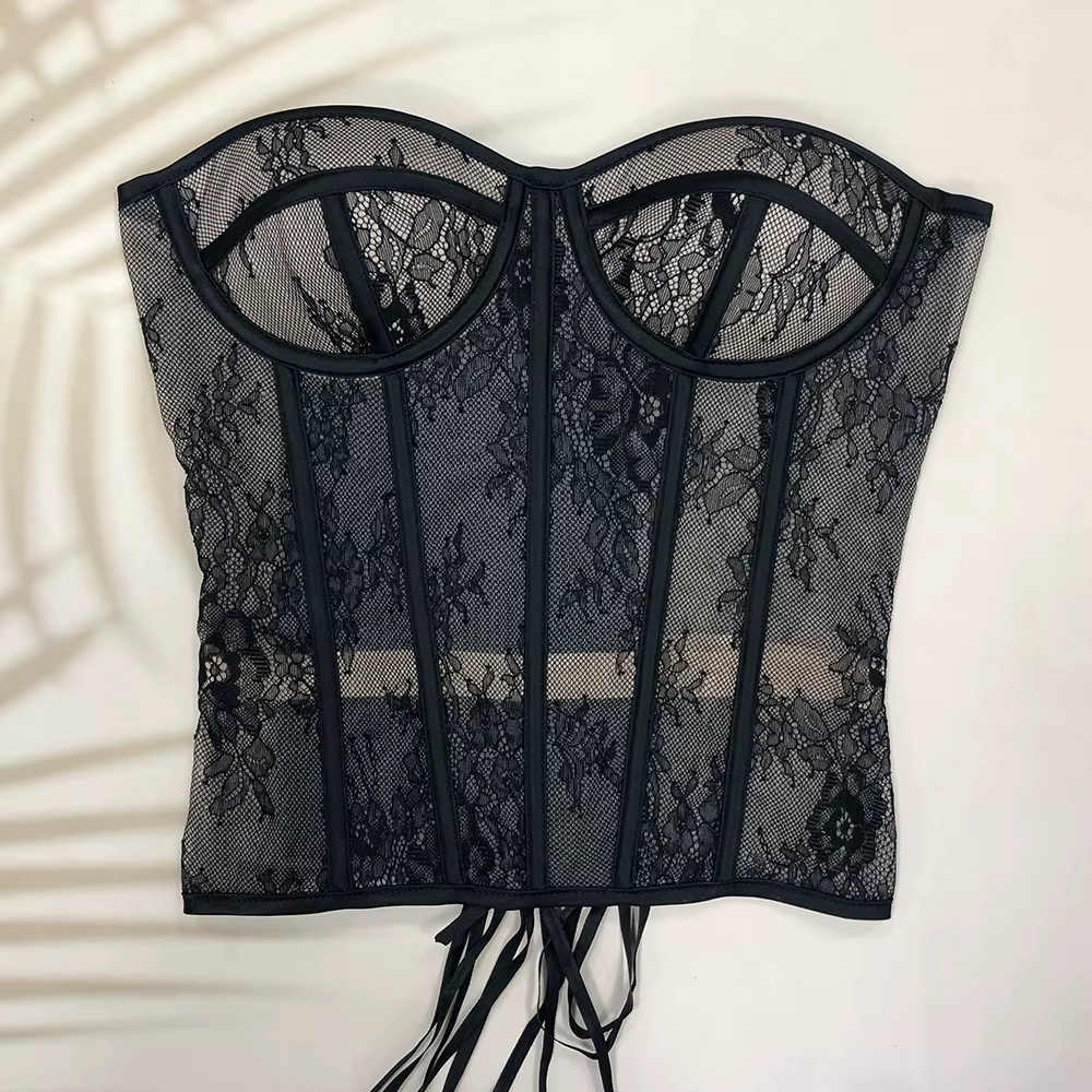 Korset en os d'acier pour femme, soutien-gorge ajouré sans bretelles en dentelle, haut bustier en ma