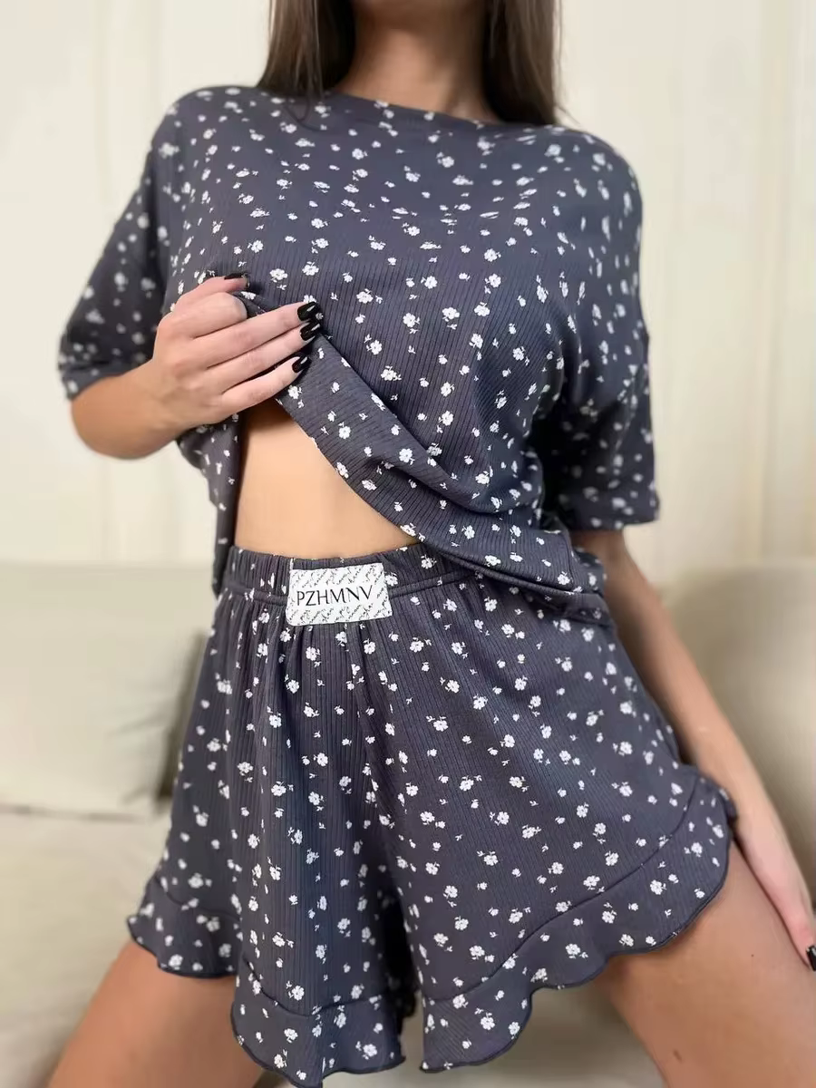 Nouvel ensemble de pyjama pour femme : short et haut à manches courtes, imprimé, doux, confortable,