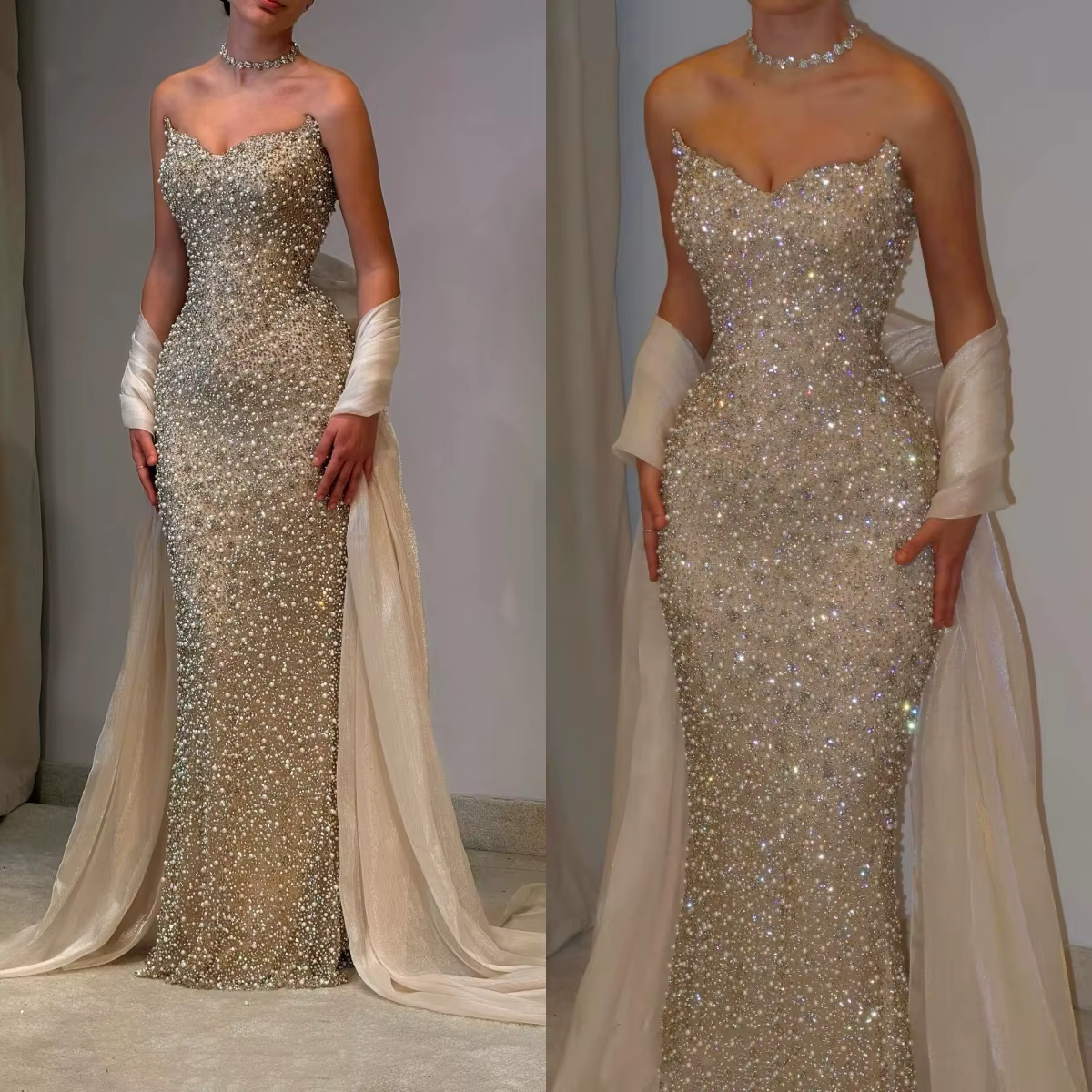 Robes de soirée scintillantes pour femmes, col cœur, sans manches, robe longue à sequins et perles,