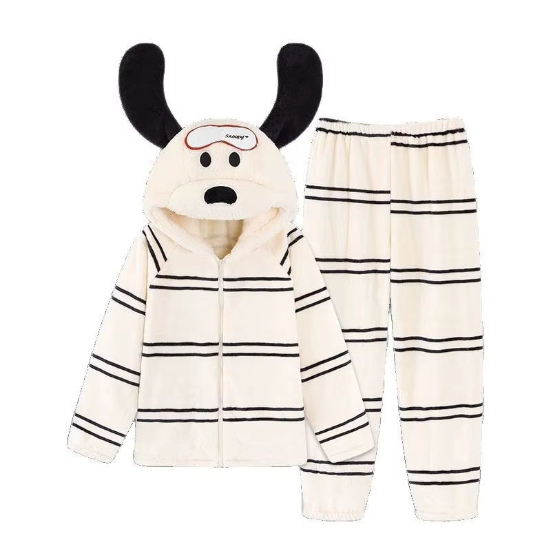 Mignon fille dessin animé chiot à capuche corail polaire pyjamas ensemble femmes hiver nouveau épais