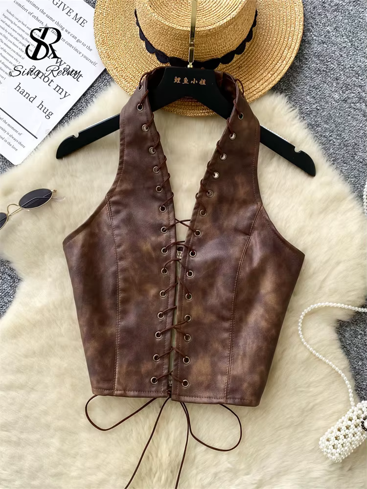 SINGREINY PU cuir Sexy Club Camisole mode évider à lacets mince débardeur sans manches dos nu Ins ép