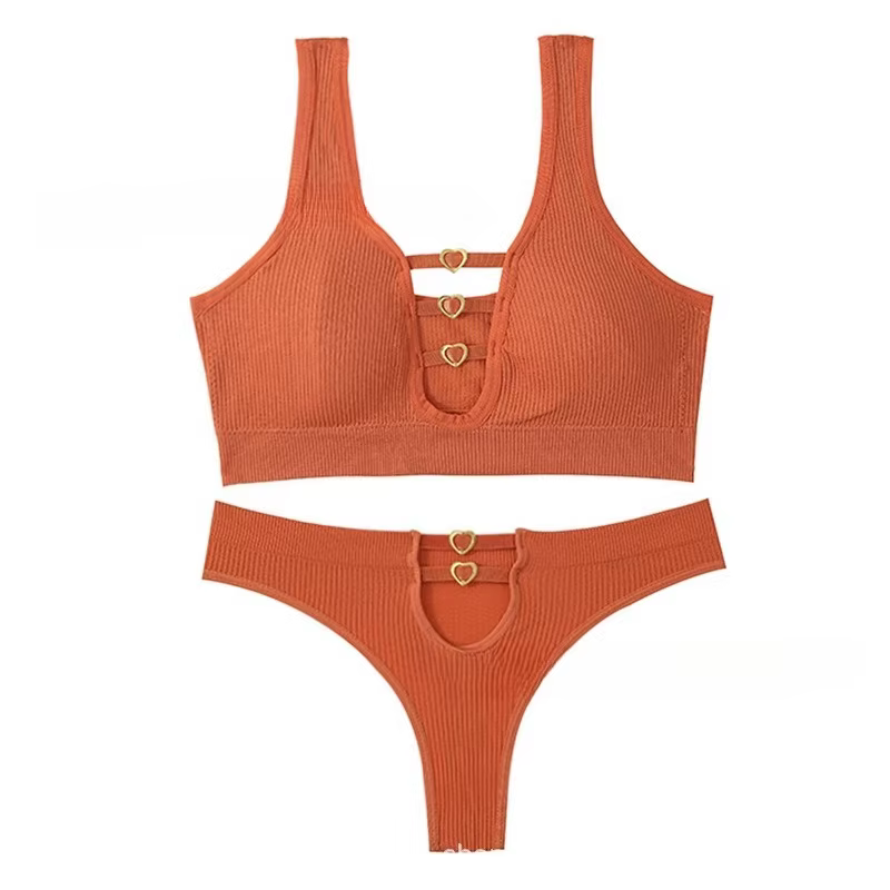 Ensemble soutien-gorge et string Push Up en tricot côtelé, Sexy, avec anneau en forme de cœur, levag