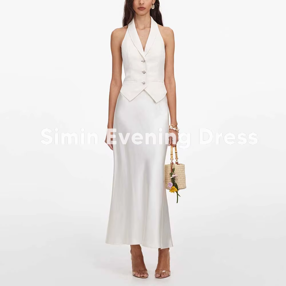 Simin – ensemble de robe de soirée chic blanche pour femmes, blazer à col licou avec jupe mi-longue