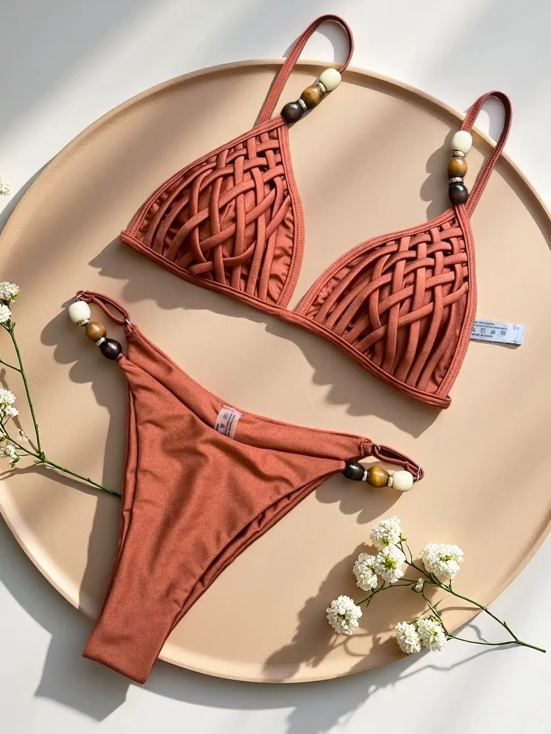 Sexy marron Bikini ensemble 2026 femmes perles sangle trou sur Push Up soutien-gorge string maillot 