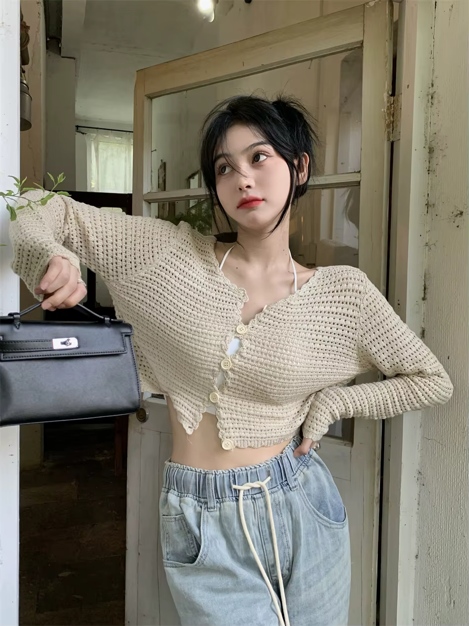Pointelle Cardigan pour femmes à manches longues boutonné pull en tricot veste printemps été adolesc