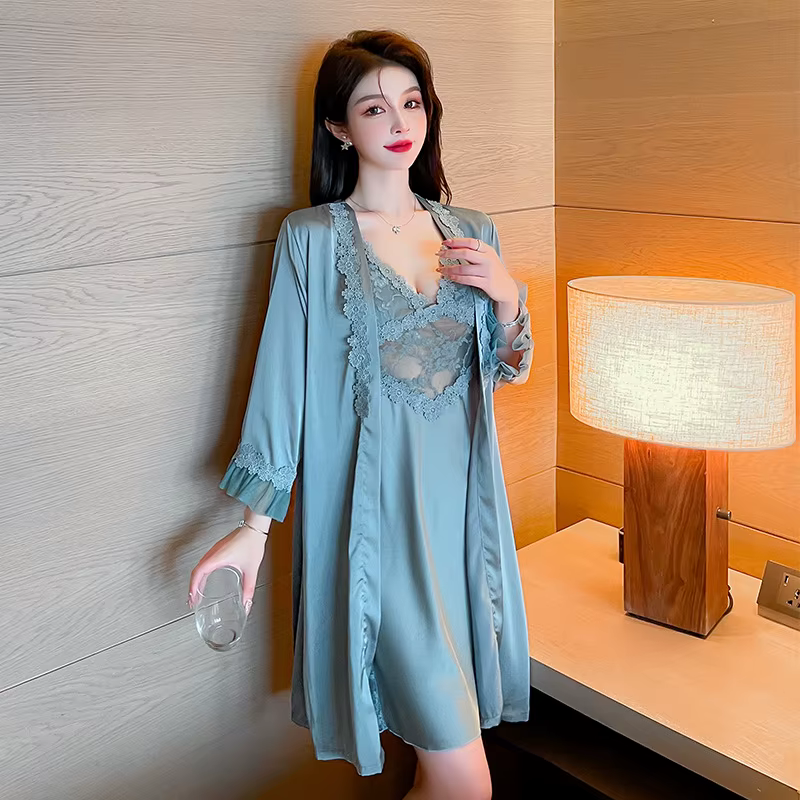 Ensemble Kimono en Satin pour femmes, 2 pièces, chemise de nuit Sexy décontractée, vêtements de mais