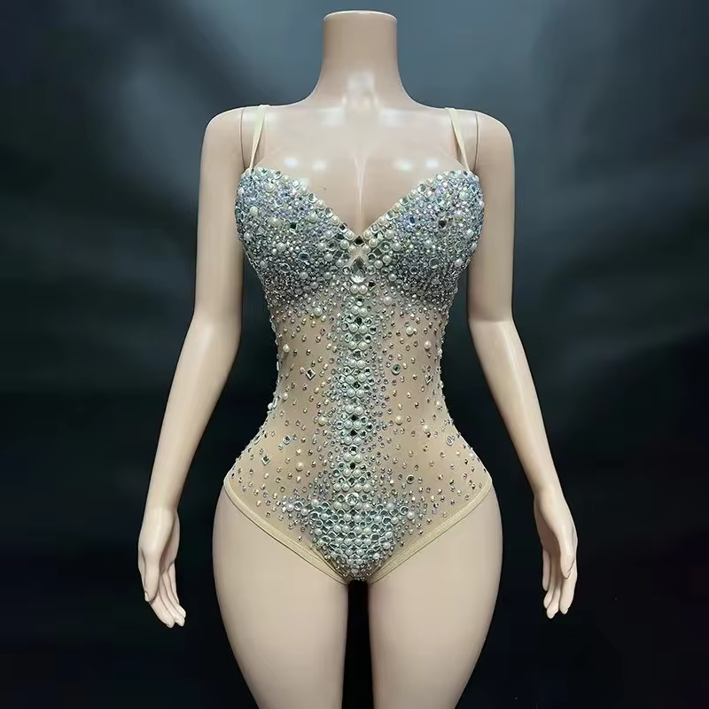 Perles collants body chanteur danseur scène discothèque porter femmes Sexy col en V Perspective mail