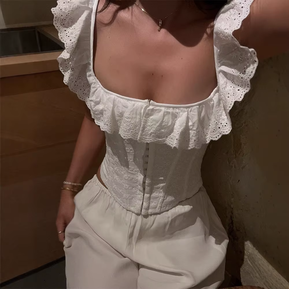 Top Corset Blanc Effet Os de Poisson pour Femme, à Volants, Col Carré, Dos Nu, à Lacets, Sans Manche