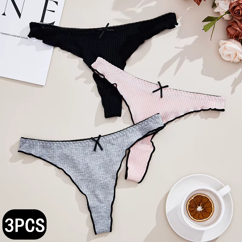 Lot de 3 tangas pour femmes, culottes taille basse, lingerie unie, tangas sexy, sous-vêtements décon