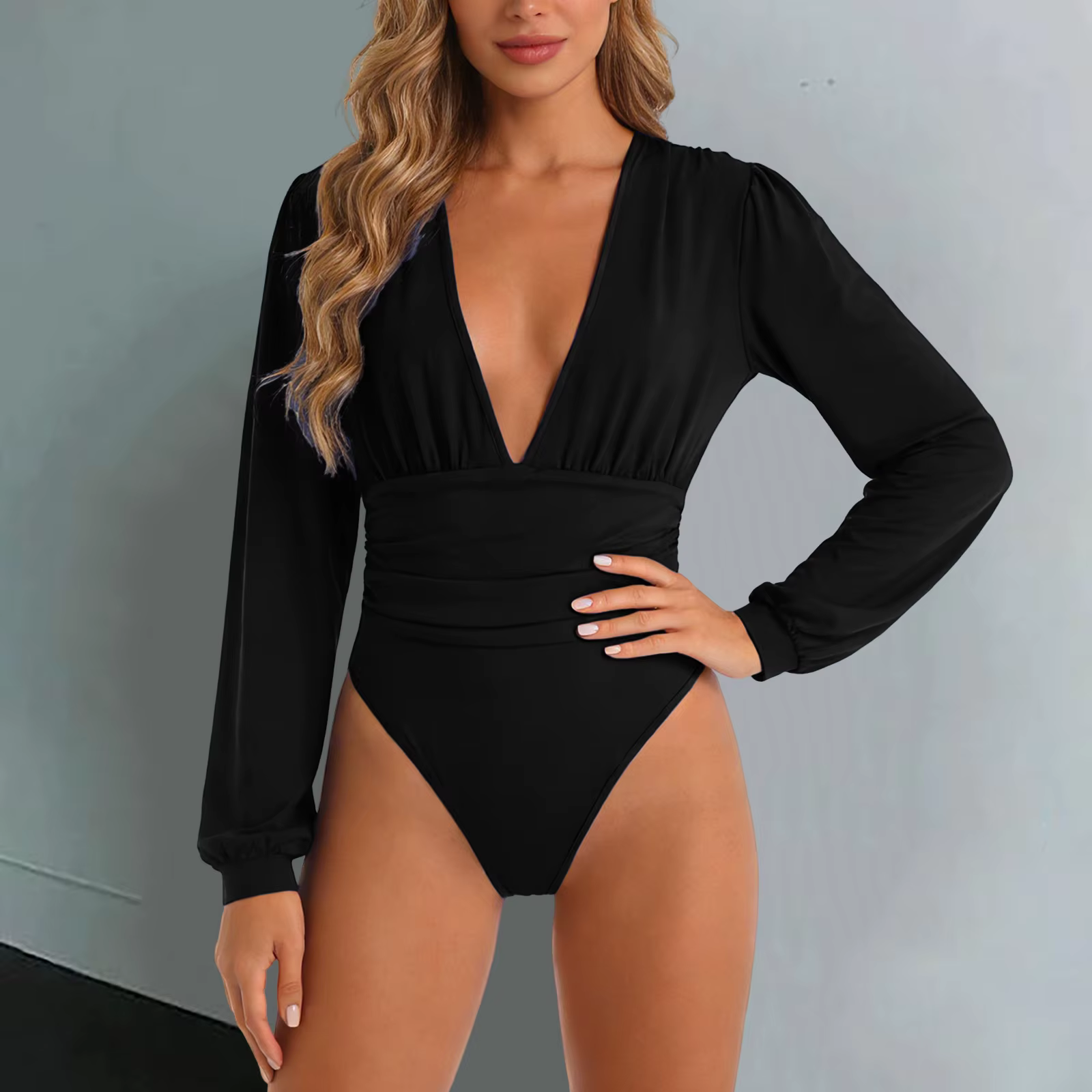 Body noir à manches longues et col en V profond pour femme, taille froncée, coupe ajustée, idéal pou