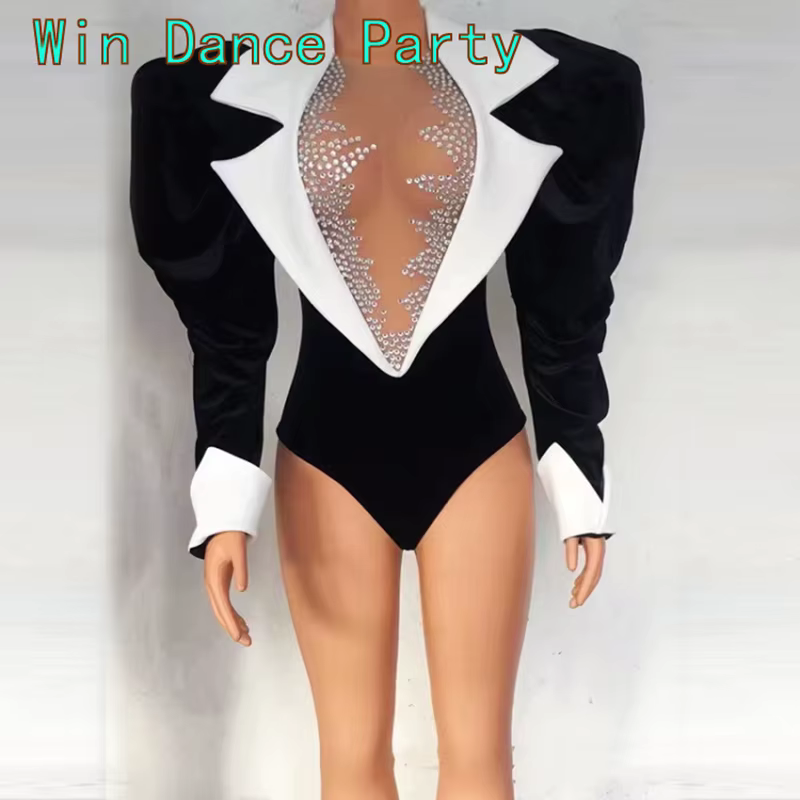 Body Sexy en velours noir à grandes manches, 2 pièces, jupe longue à queue, tenue de danse pour célé