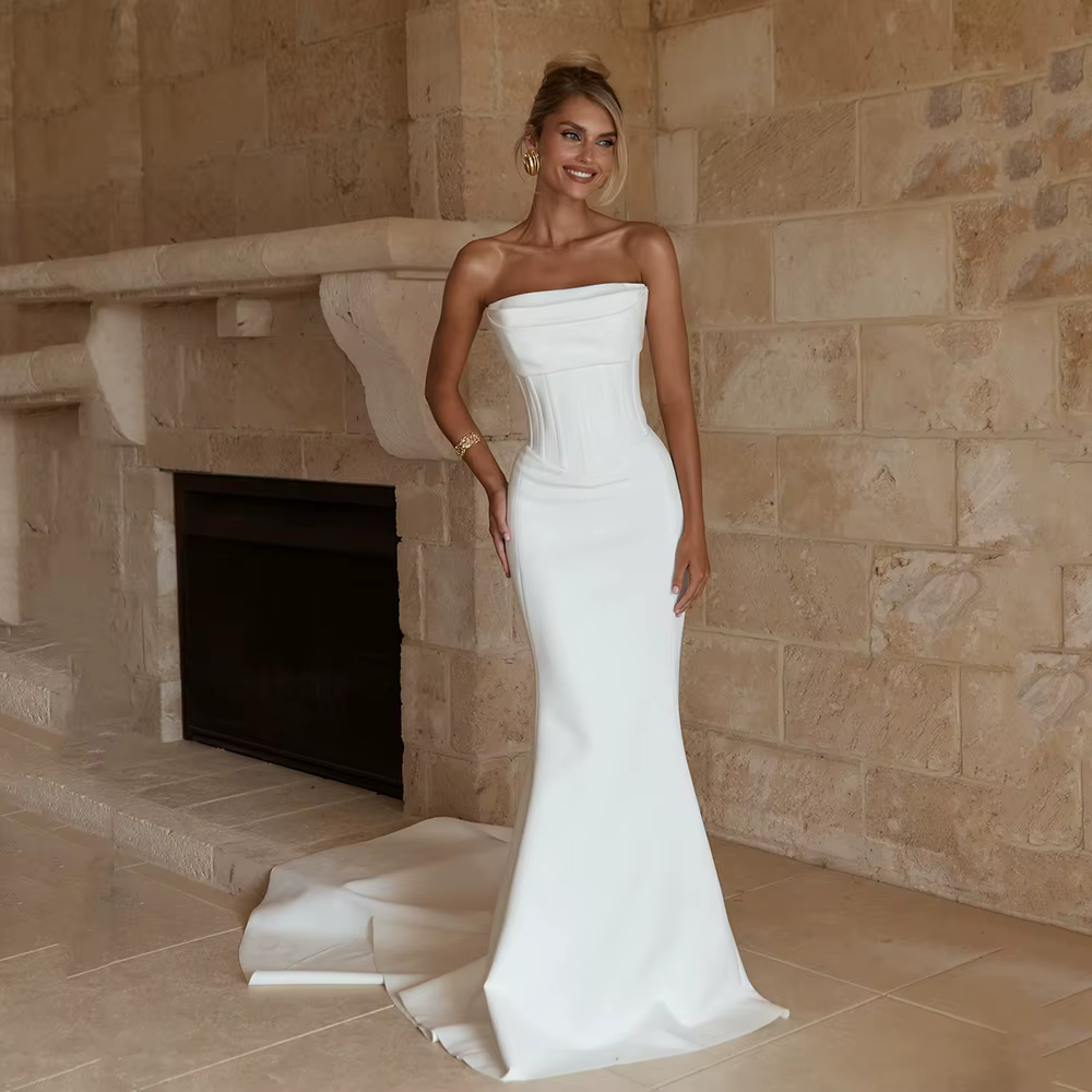 Robes de mariée sirène élégantes 2026, corset sans bretelles, plissées, longueur ras du sol, robe de