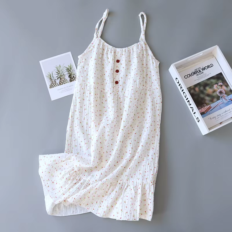 Chemise de nuit en gaze de coton pour femme, robe de nuit 1 pièce en tissu froissé, coupe ample et r