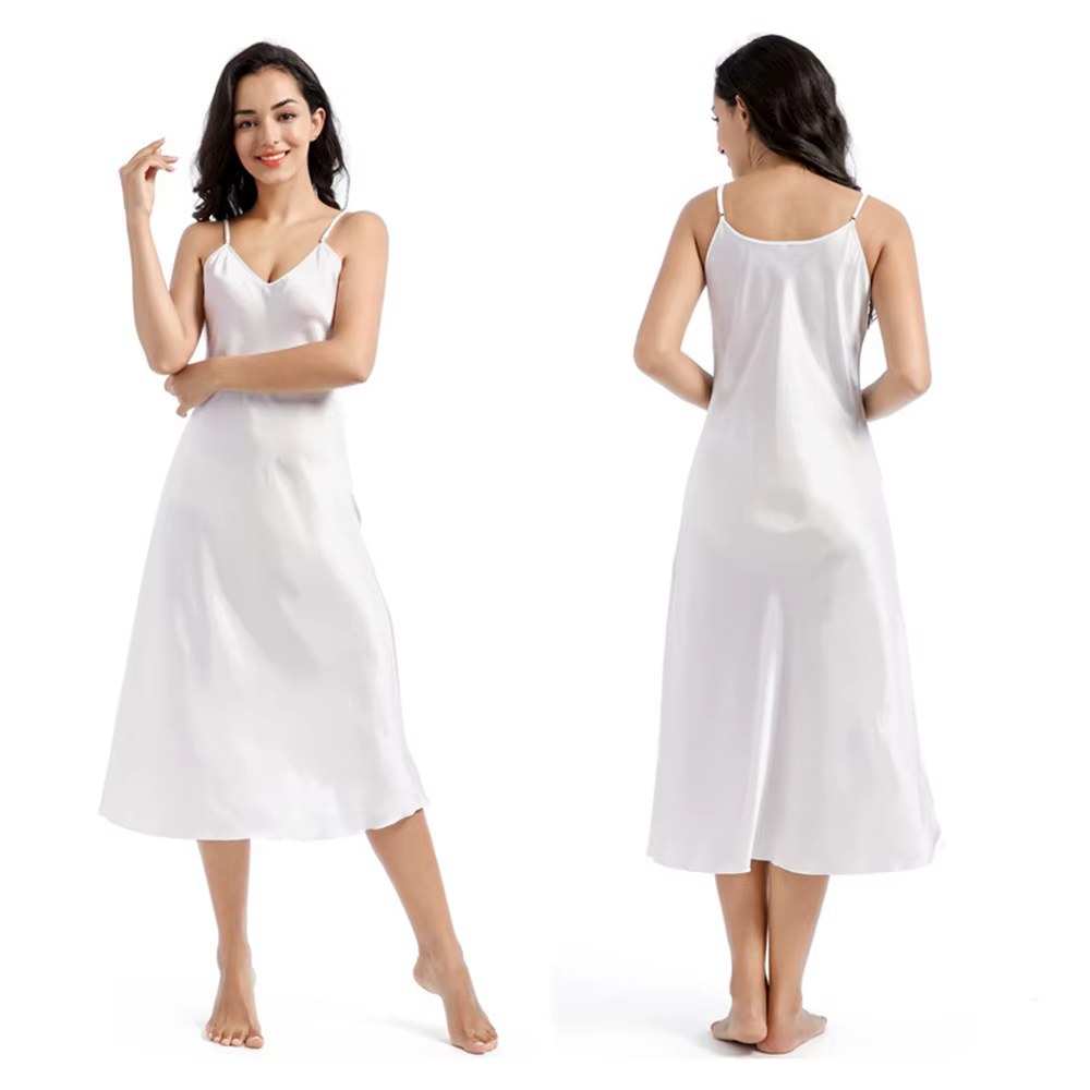 Chemise de nuit en soie pour femmes, longue, en Satin, bretelles Spaghetti, Chemise soyeuse, col en