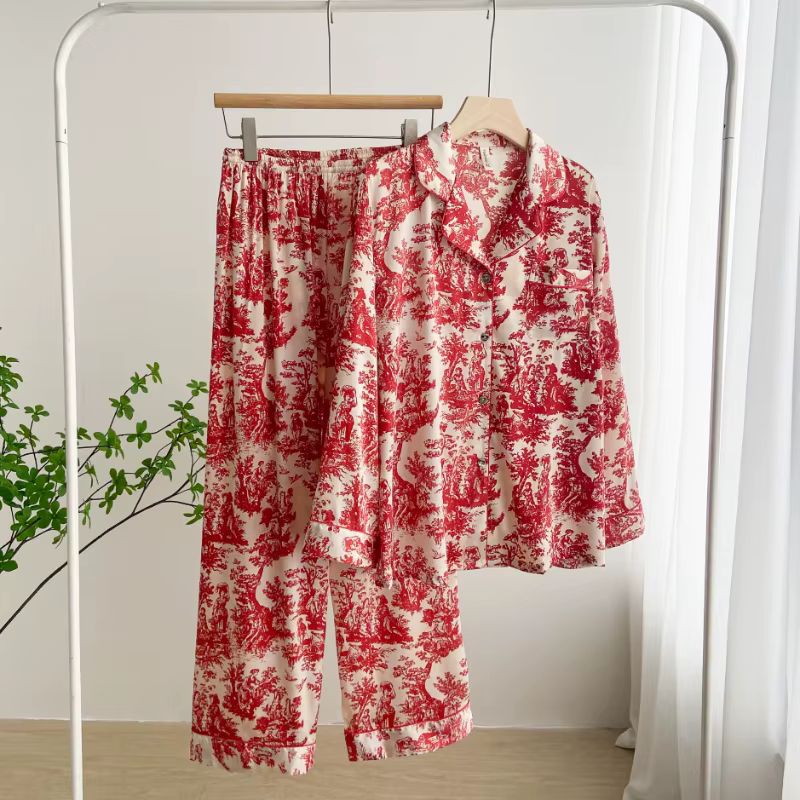 Ensemble pyjama en soie glacée et neige imprimé à l'encre pour femmes, vêtements de nuit simples à p